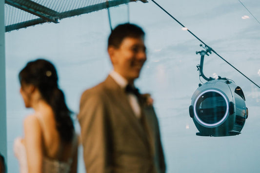 Wedding couple at Mount Faber Peak with scenic Singapore views
