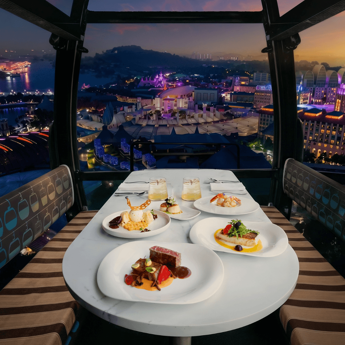 Dinner in a cable car cabin against sunset